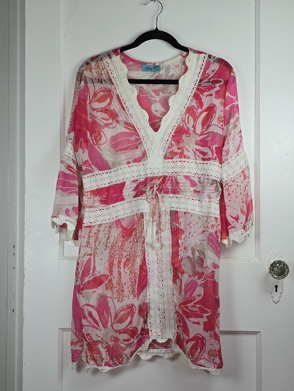 LeTarte Pink Handmade Boho Crochet Swimsuit Coverup M